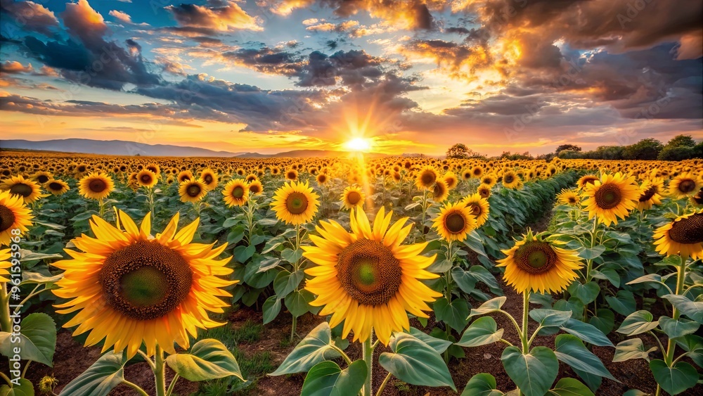 Fototapeta premium Vibrant sunflowers glowing in the sunset light of a rolling field landscape