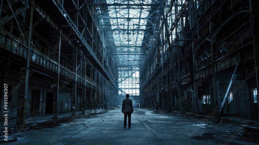 Solitary Figure in Abandoned Factory. Solitary Figure in Abandoned Factory.