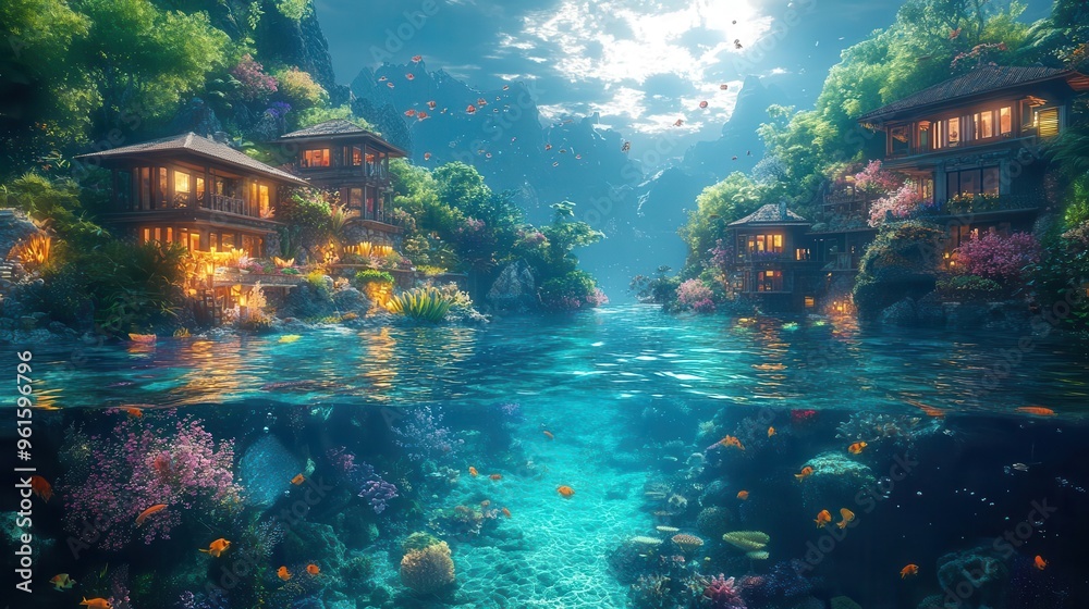 underwater fantasy scene giant luminescent fish swimming near picturesque island submerged houses dreamlike aquatic world underwater fantasy scene giant luminescent fish swimming near picturesque island submerged houses dreamlike aquatic world