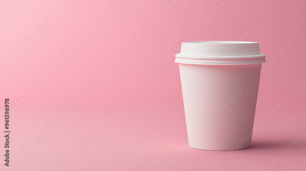 White coffee cup on a table with a pink wall background and copy space for advertisements White coffee cup on a table with a pink wall background and copy space for advertisements