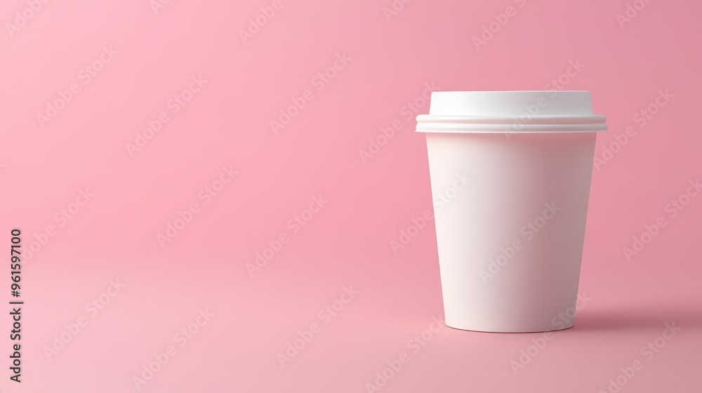 White coffee cup on a table with a pink wall background and copy space for advertisements White coffee cup on a table with a pink wall background and copy space for advertisements
