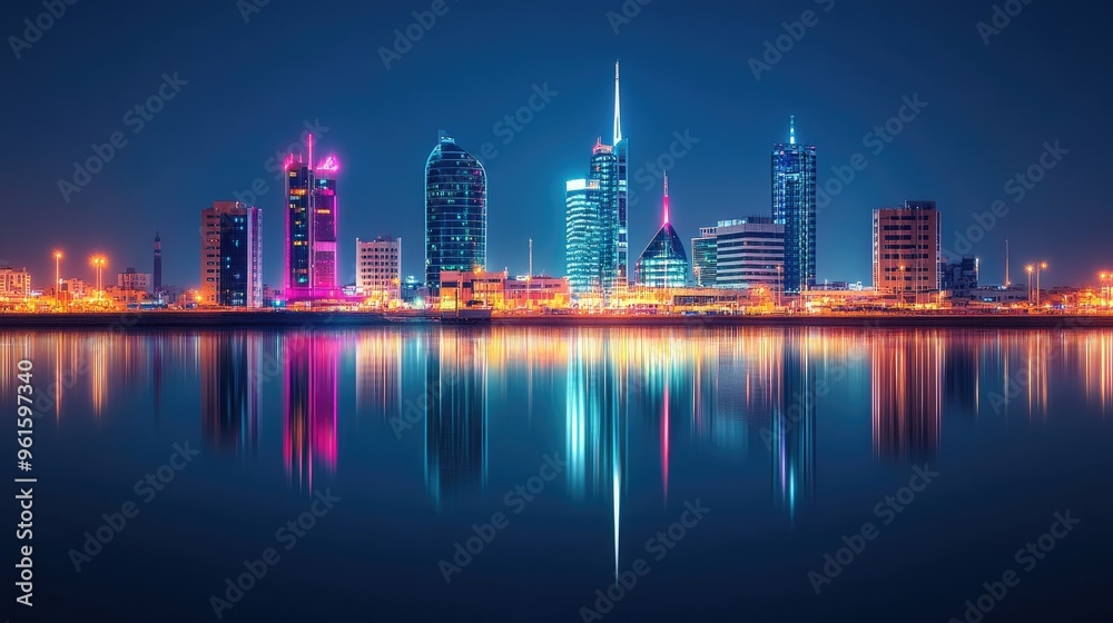 Fototapeta premium Night view of Manama's financial district along Bahrain Bay, with the city's tallest buildings and bright lights mirrored in the water.