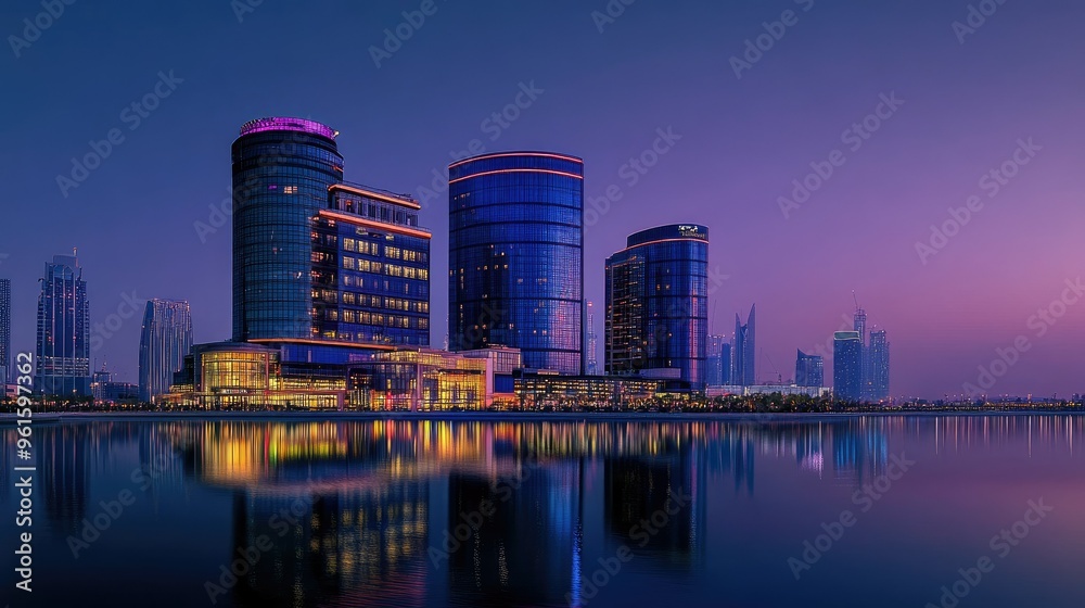 Naklejka premium Night view of Festival City in Dubai, showcasing the illuminated Hotel Crowne Plaza and Hotel Intercontinental against the city skyline. -