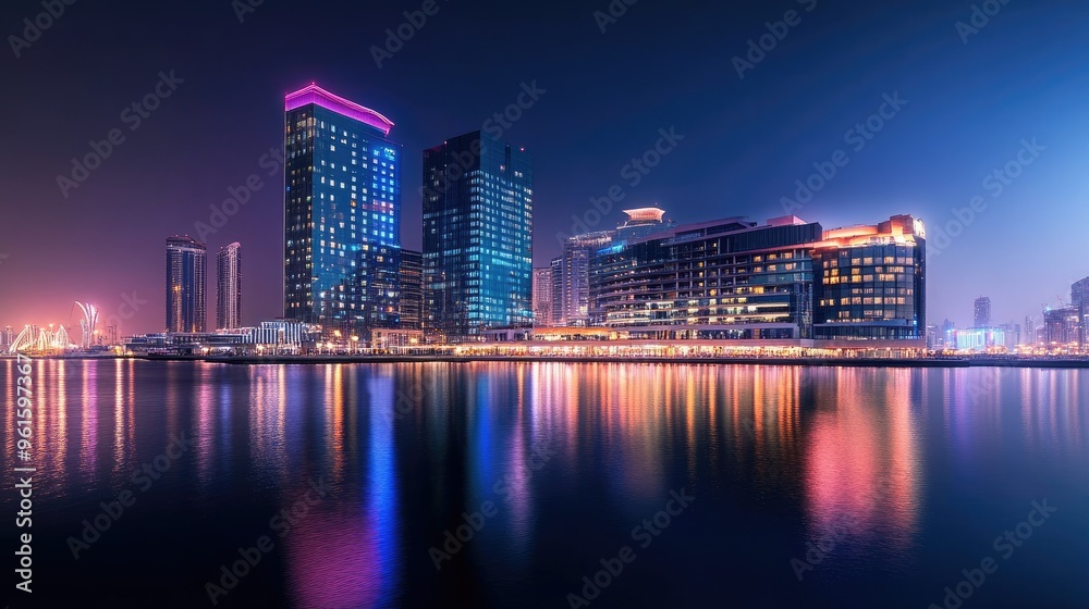 Fototapeta premium Night view of Dubai Festival City, showcasing the illuminated Hotel Crowne Plaza and Hotel Intercontinental with city lights reflecting on water.