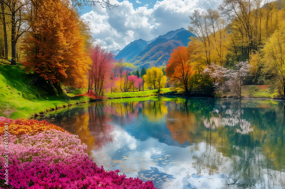 Naklejka premium Serene Autumn Lake with Vibrant Foliage Reflections and Colorful Blossoms at the Foot of Majestic Mountains. spring abstract wallpaper 