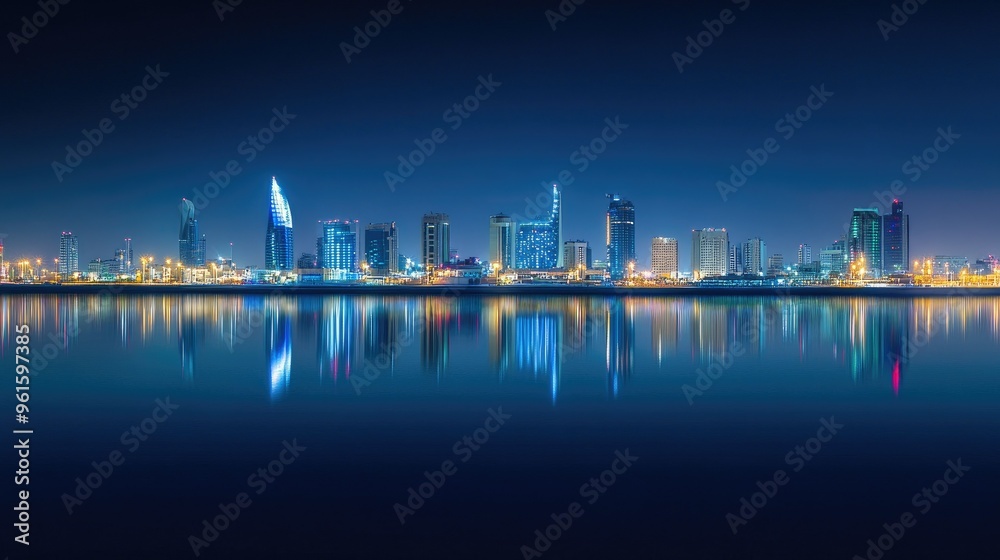 Night view of Manama skyline, with Bahrain Bay mirroring the bright lights of the city, creating a tranquil urban scene. Night view of Manama skyline, with Bahrain Bay mirroring the bright lights of the city, creating a tranquil urban scene.