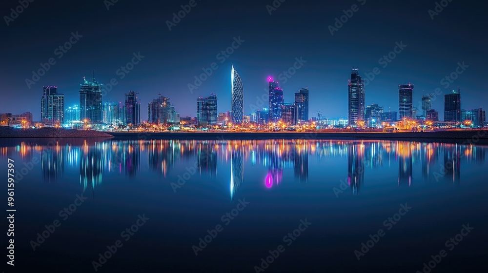 Fototapeta premium Night view of Manama skyline, with Bahrain Bay mirroring the bright lights of the city, creating a tranquil urban scene.
