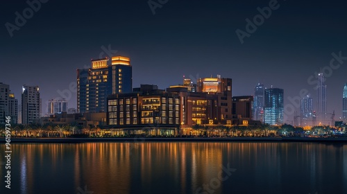Night view of Festival City in Dubai, showcasing the illuminated Hotel Crowne Plaza and Hotel Intercontinental against the city skyline. -