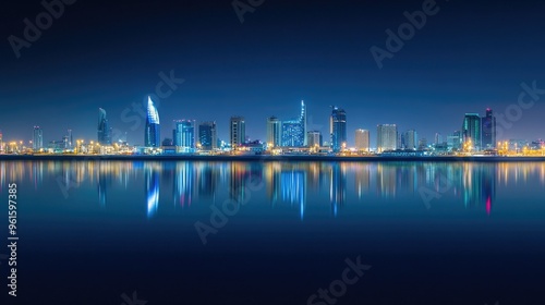 Night view of Manama skyline, with Bahrain Bay mirroring the bright lights of the city, creating a tranquil urban scene.