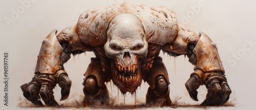 large claws, a skull adorning its face, dripping blood from its maw