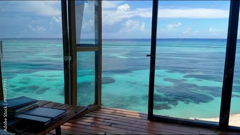 A wooden desk overlooking a crystal-clear ocean, with a laptop, notebooks, and a smartphone. The desk is situated in a glass-walled bungalow, creating a serene and inspiring workspace A wooden desk overlooking a crystal-clear ocean, with a laptop, notebooks, and a smartphone. The desk is situated in a glass-walled bungalow, creating a serene and inspiring workspace