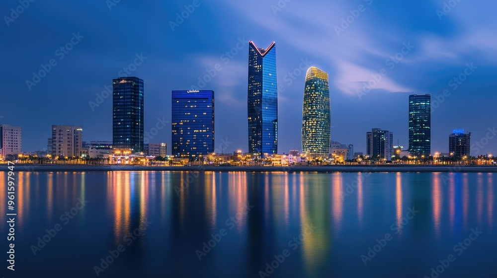 Nighttime view of the Four Seasons and Hilton Hotels in Manama, Bahrain, their lights creating a striking contrast against the dark sky. Nighttime view of the Four Seasons and Hilton Hotels in Manama, Bahrain, their lights creating a striking contrast against the dark sky.