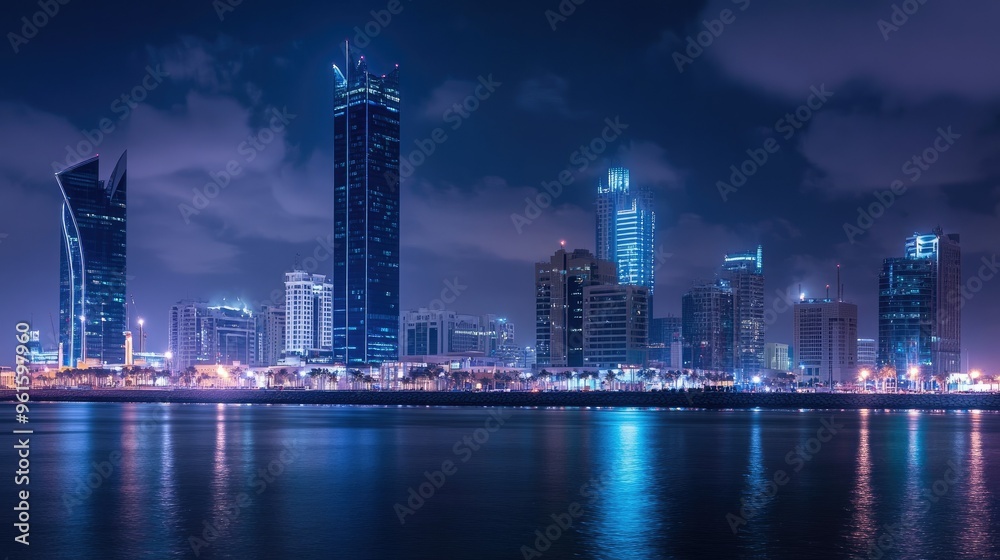 Nighttime view of the Four Seasons and Hilton Hotels in Manama, Bahrain, their lights creating a striking contrast against the dark sky. Nighttime view of the Four Seasons and Hilton Hotels in Manama, Bahrain, their lights creating a striking contrast against the dark sky.