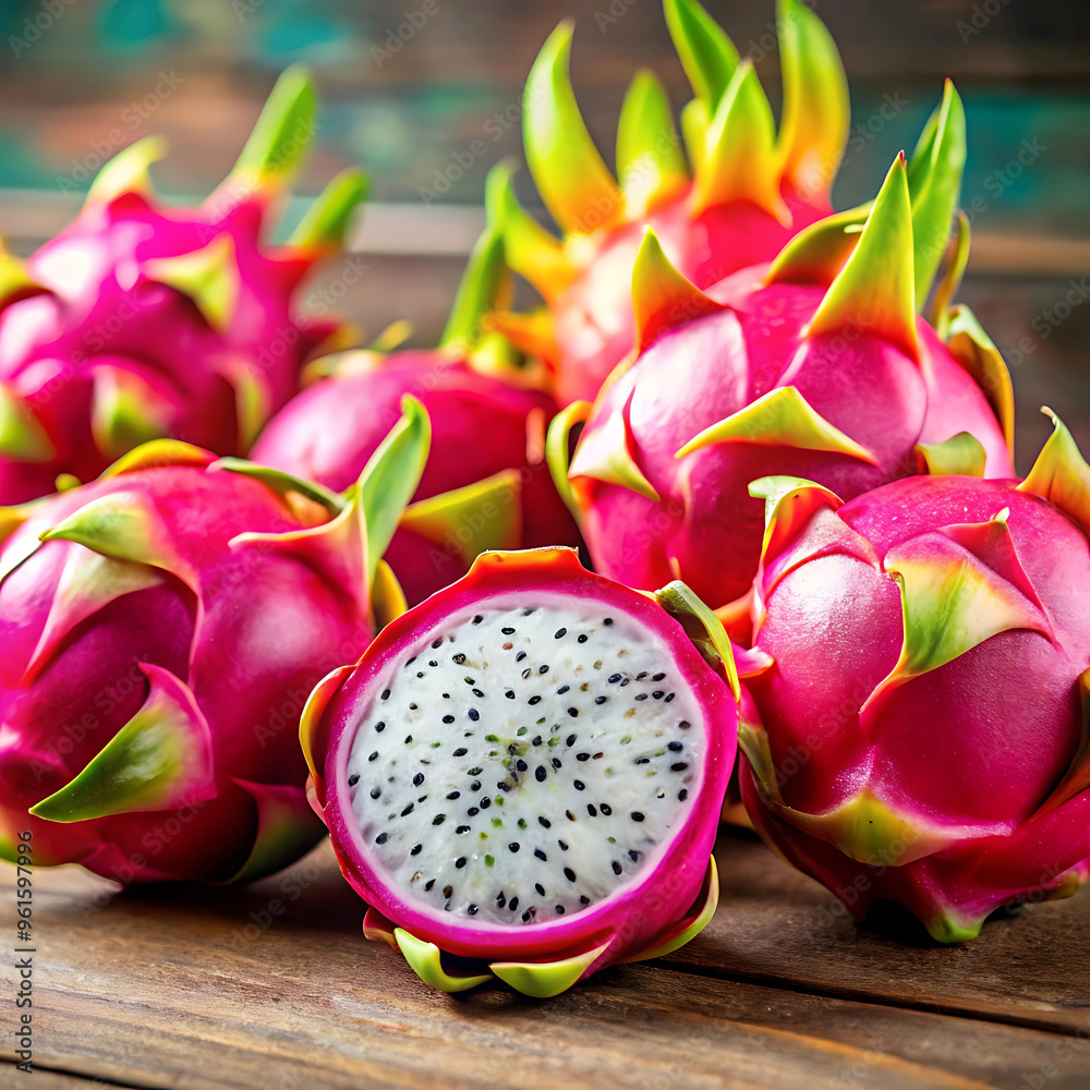 Close-up fresh exotic dragon fruits on the table Close-up fresh exotic dragon fruits on the table
