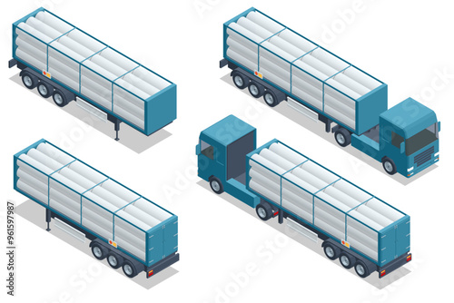 Isometric Pipe locomotive. Truck tractor with flatbed trailer hauling pipe. Vector infographic element