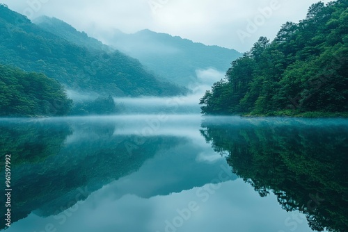 Misty Mountain Reflections in a Serene Lake