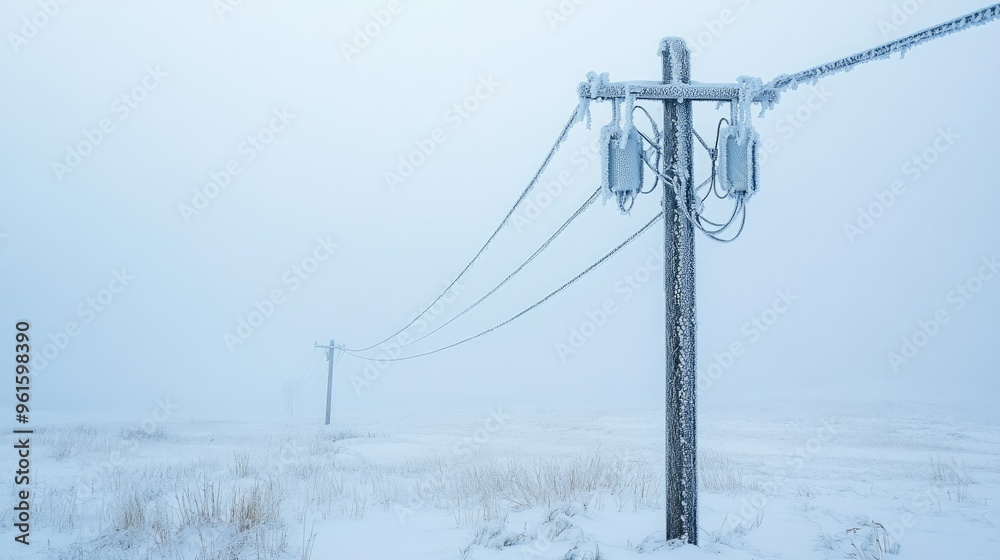 Power pole covered in snow during winter, with frosty cables and a soft sky Power pole covered in snow during winter, with frosty cables and a soft sky