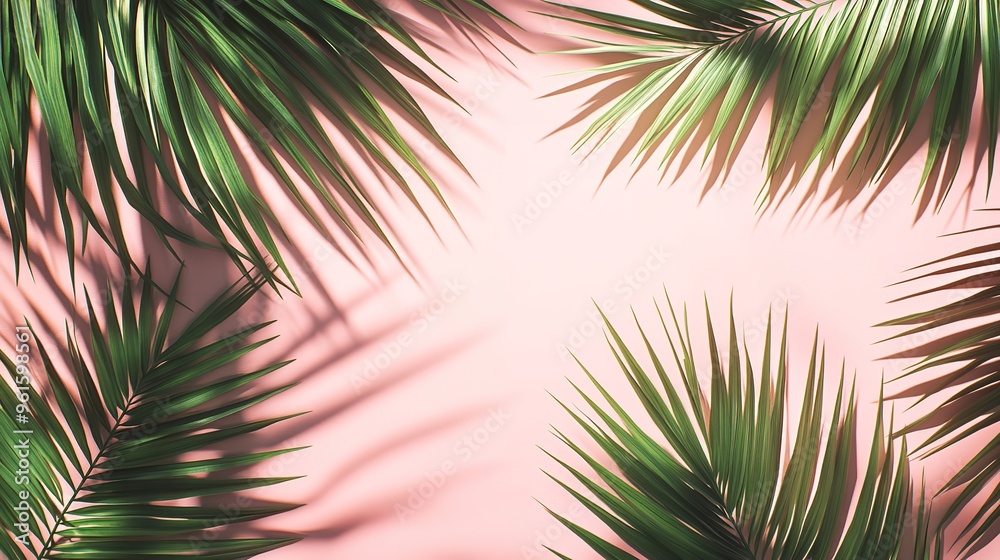 Blurred shadow from palm leaves on the light pink wall. Minimal abstract background for product presentation. Spring and summer, Generative AI Blurred shadow from palm leaves on the light pink wall. Minimal abstract background for product presentation. Spring and summer, Generative AI