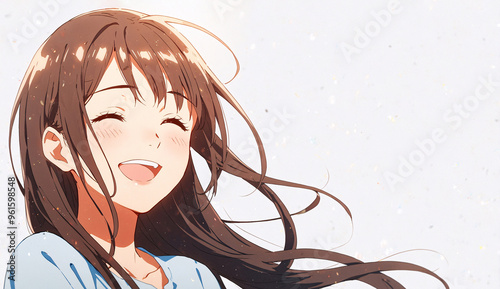Cute face, smiling anime woman character illustration with long brown hair.