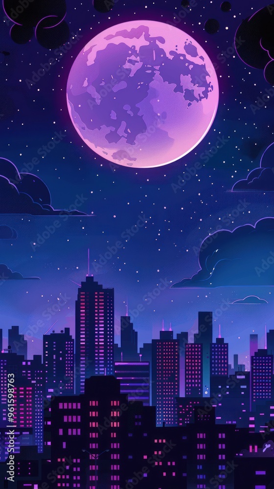 Fototapeta premium Futuristic cityscape under a glowing moon.