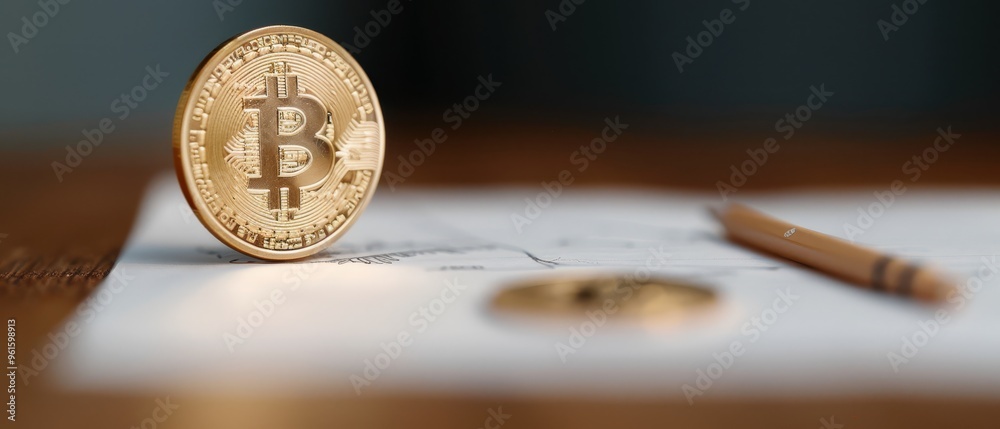  A Bitcoin atop a blank sheet, accompanied by a pencil