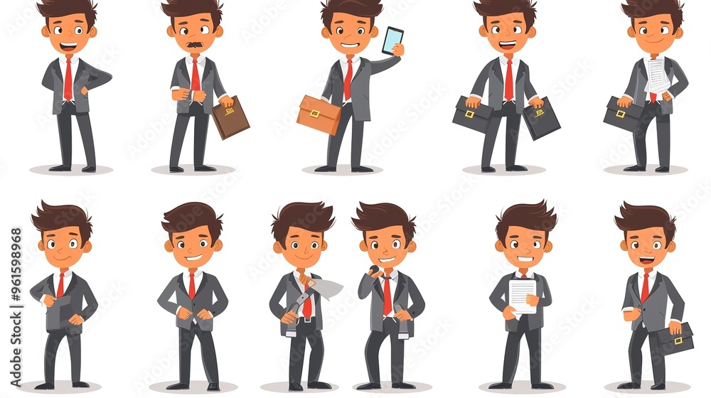 A cartoon business professional sitting at a desk, concentrating on important documents. Wearing a formal suit and tie, with a serious expression. Working on a big project and making plans. The cartoo A cartoon business professional sitting at a desk, concentrating on important documents. Wearing a formal suit and tie, with a serious expression. Working on a big project and making plans. The cartoo
