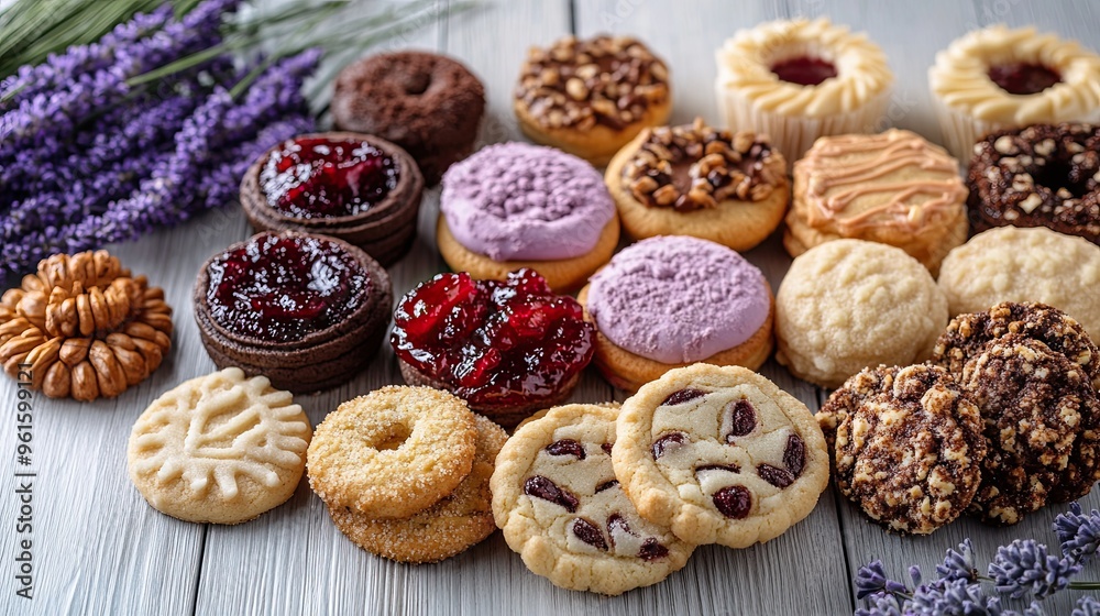 Selection of cookies, including jam-filled and nut-studded varieties, positioned on a lavender background with light grey wooden floor accents, showcasing their intricate designs and colors Selection of cookies, including jam-filled and nut-studded varieties, positioned on a lavender background with light grey wooden floor accents, showcasing their intricate designs and colors