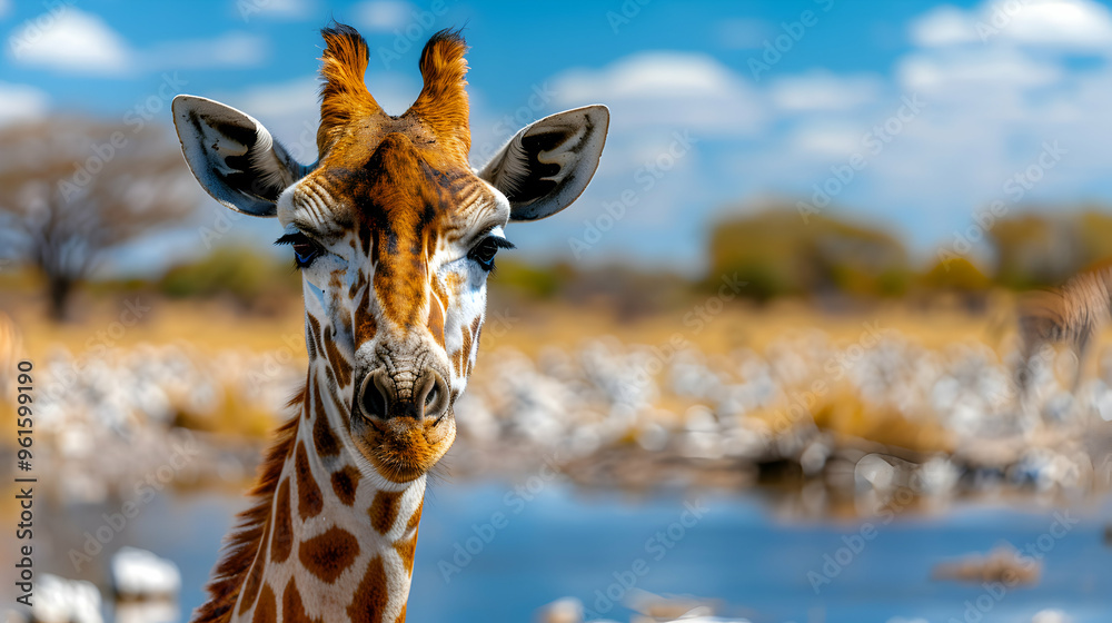Fototapeta premium Herd Burchell Zebra With Lone Giraffe And Ory