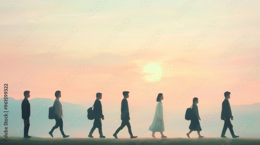 People walking towards the horizon at sunset with backpacks, set against a serene landscape in soft pastel colors People walking towards the horizon at sunset with backpacks, set against a serene landscape in soft pastel colors