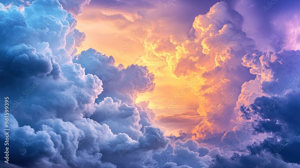 Steaming cumulonimbus clouds lit by the early morning sun, creating a dramatic and colorful sky. Steaming cumulonimbus clouds lit by the early morning sun, creating a dramatic and colorful sky.