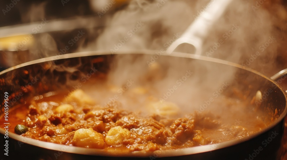 Stirring hot curry in a pot, with steam and rich spices filling the air, traditional kitchen setup -