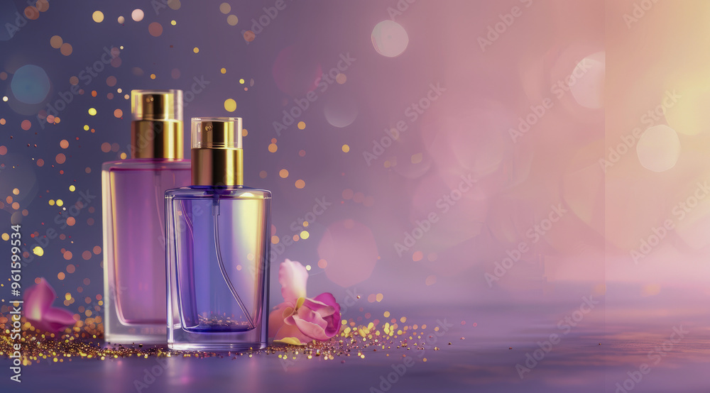 Elegant perfume bottles with lavender flowers in soft lighting Elegant perfume bottles with lavender flowers in soft lighting