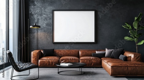 Obraz na płótnie Industrial Style Living Room with Brown Leather Sofas and Blank Frame Mockup w salonie