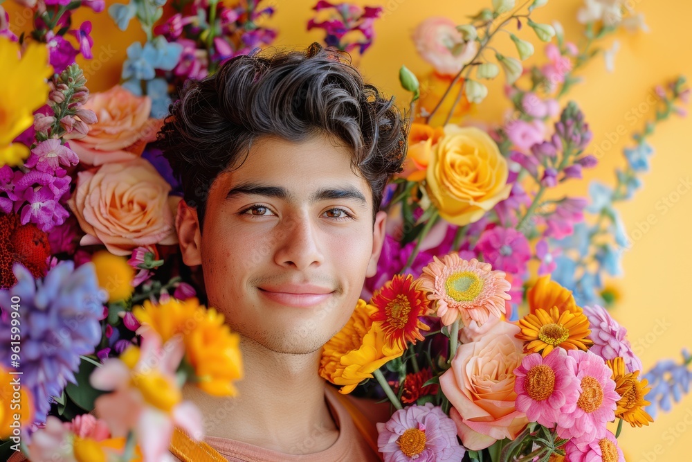 A young artist surrounded by vibrant flowers in a creative arrangement class A young artist surrounded by vibrant flowers in a creative arrangement class