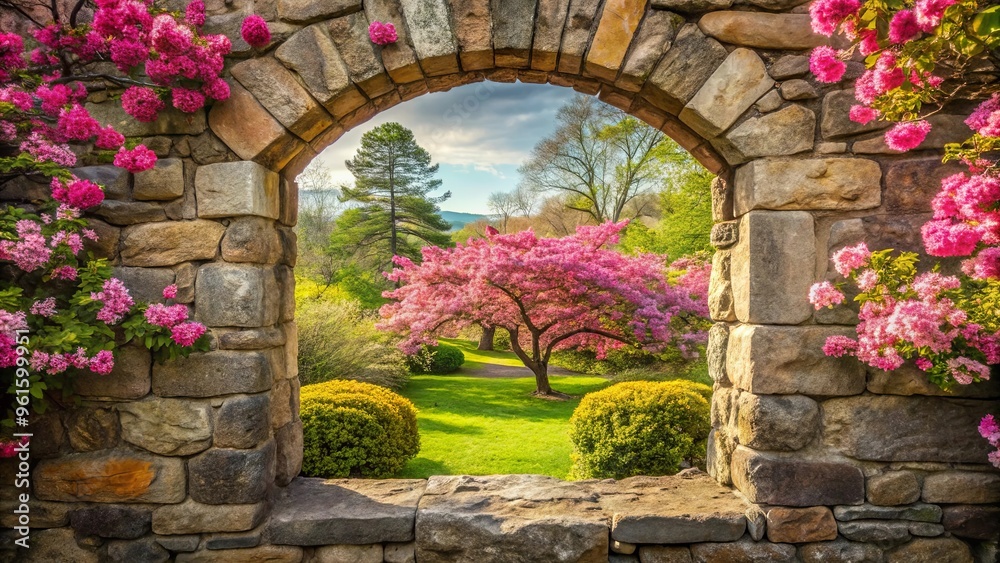 Fototapeta premium A magical garden view seen through a stone window framed by pink blossoms