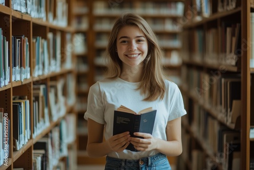 A young woman stands confidently in a library, holding a book. Her friendly smile