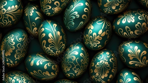 A close-up of green and gold Easter eggs. The eggs are decorated with intricate patterns and are arranged in a random order.