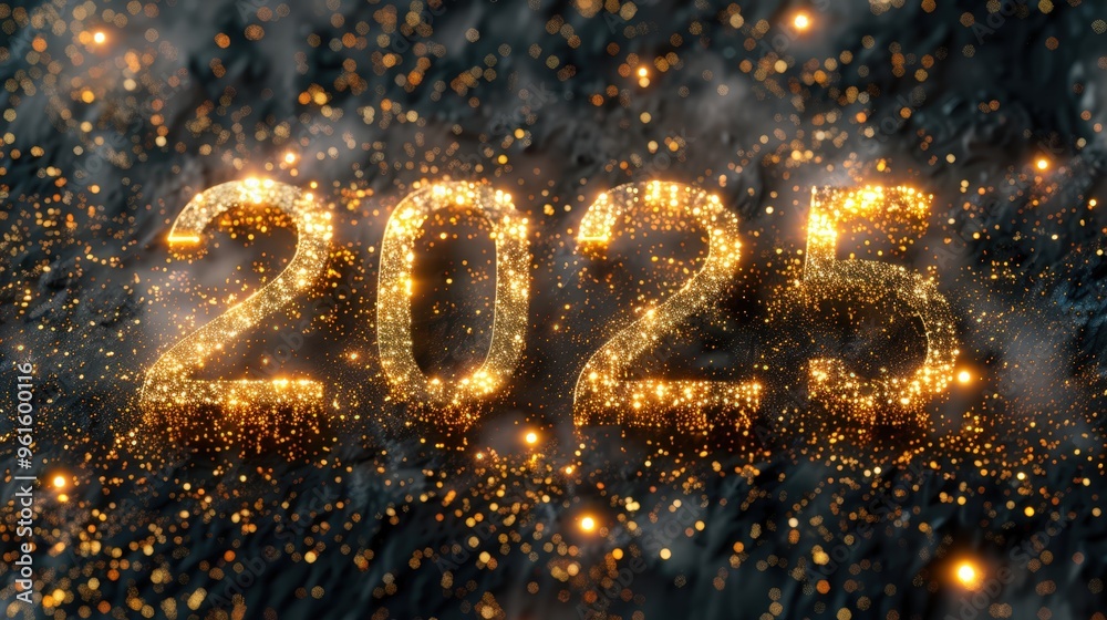 Trendy golden inscription 2025, black background, gold dust. New Year greeting card lettering. Generative AI Trendy golden inscription 2025, black background, gold dust. New Year greeting card lettering. Generative AI