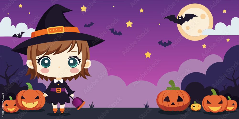 Halloween chibi girl, banner, cute, cartoon, anime style, spooky, Halloween theme, trick or treat, pumpkin, witch hat, candy, bat wings, kawaii, black cat, spooky night, haunted, ghost, chibi art, fes Halloween chibi girl, banner, cute, cartoon, anime style, spooky, Halloween theme, trick or treat, pumpkin, witch hat, candy, bat wings, kawaii, black cat, spooky night, haunted, ghost, chibi art, fes