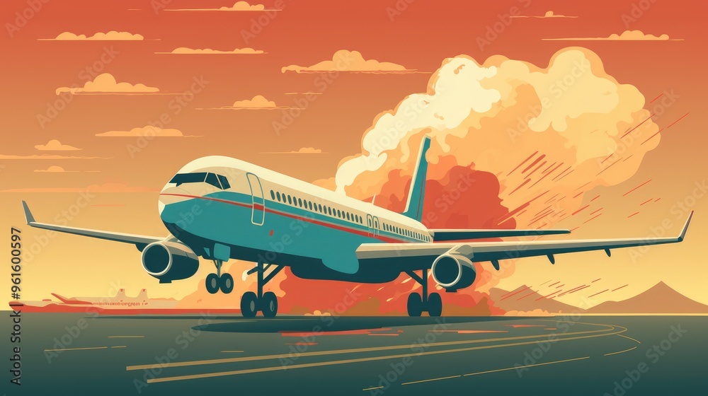 A commercial airplane lands on a runway with a fiery trail behind it. The sky is filled with clouds and the sun is setting. A commercial airplane lands on a runway with a fiery trail behind it. The sky is filled with clouds and the sun is setting.