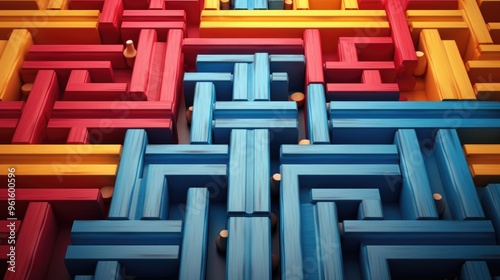 A colorful wooden maze with blue, red, and yellow wooden blocks. The maze is a complex and challenging puzzle, with many twists and turns.