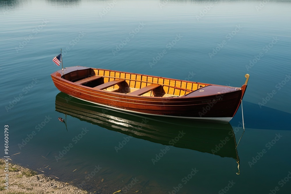 Naklejka premium Aerial View of Vintage Wooden Boat on Tranquil Lake with Reflective Water Surface