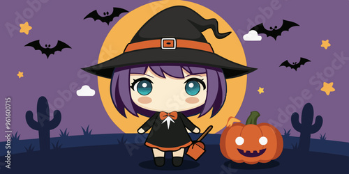 Halloween chibi girl, banner, cute, cartoon, anime style, spooky, Halloween theme, trick or treat, pumpkin, witch hat, candy, bat wings, kawaii, black cat, spooky night, haunted, ghost, chibi art, fes