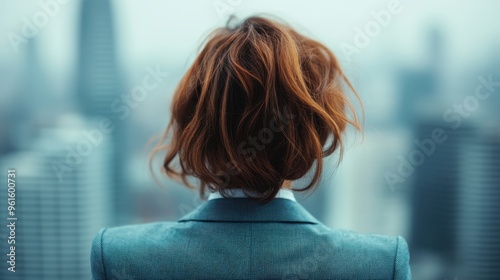 A red-haired woman, in professional attire, gazing thoughtfully at a distant city skyline, reflecting on her path and ambitions, as seen from the back. photo