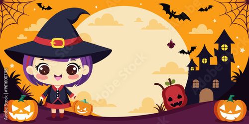 Halloween chibi girl, banner, cute, cartoon, anime style, spooky, Halloween theme, trick or treat, pumpkin, witch hat, candy, bat wings, kawaii, black cat, spooky night, haunted, ghost, chibi art, fes