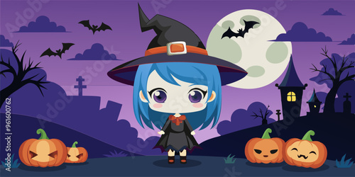 Halloween chibi girl, banner, cute, cartoon, anime style, spooky, Halloween theme, trick or treat, pumpkin, witch hat, candy, bat wings, kawaii, black cat, spooky night, haunted, ghost, chibi art, fes