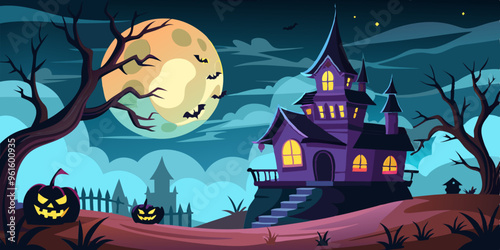 Halloween banner, spooky, creepy, haunted, jack-o'-lantern, bats, pumpkins, ghosts, skeletons, cobwebs, witch hat, black cats, eerie, scary, festive, horror theme, autumn, trick or treat, haunted hous