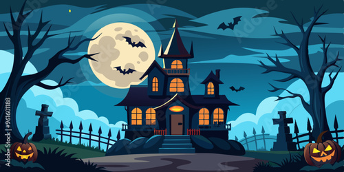 Halloween banner, spooky, creepy, haunted, jack-o'-lantern, bats, pumpkins, ghosts, skeletons, cobwebs, witch hat, black cats, eerie, scary, festive, horror theme, autumn, trick or treat, haunted hous