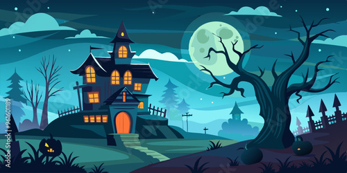 Halloween banner, spooky, creepy, haunted, jack-o'-lantern, bats, pumpkins, ghosts, skeletons, cobwebs, witch hat, black cats, eerie, scary, festive, horror theme, autumn, trick or treat, haunted hous