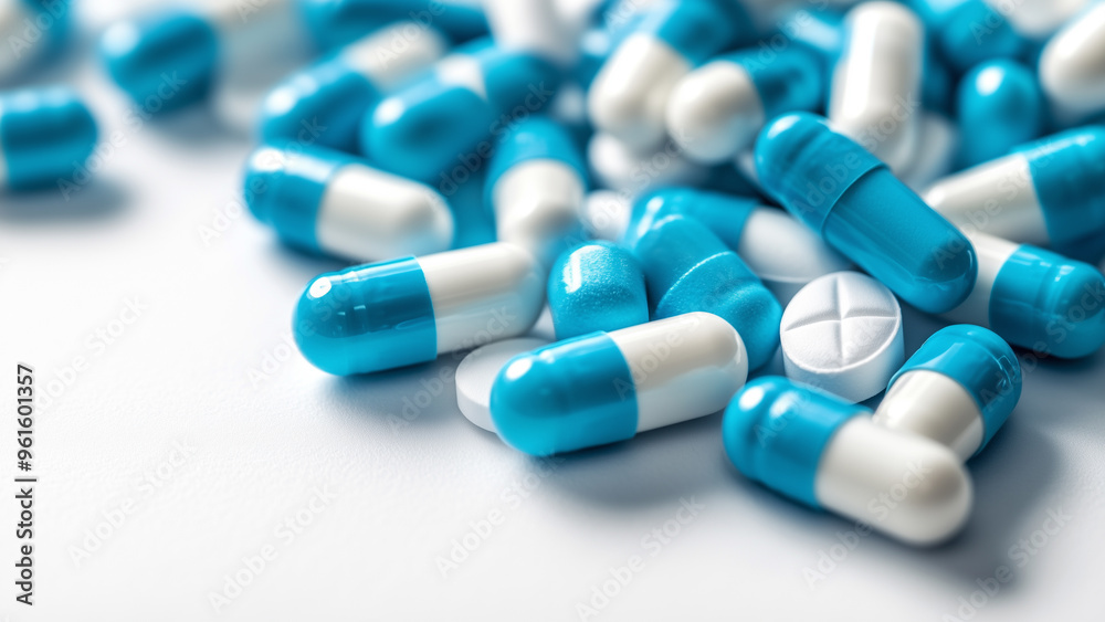 Blue and White Medical Pills: Contrast on Plain Background Blue and White Medical Pills: Contrast on Plain Background